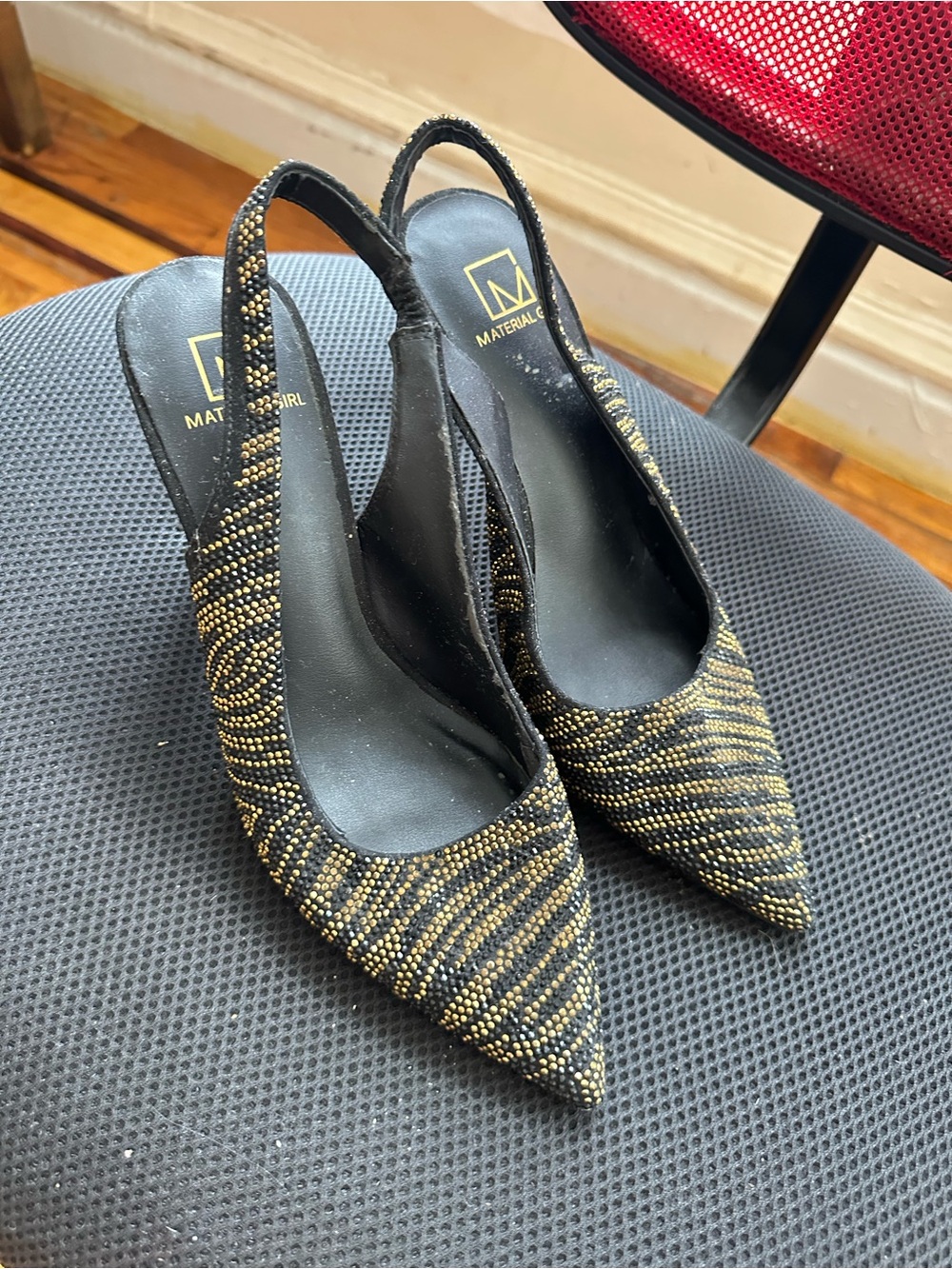 Material Girl Black and Gold Beaded Pointed Slingback Heels